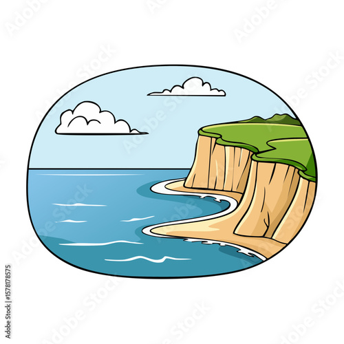 Seaside cliff illustration suitable for travel brochures, vacation websites, outdoor adventure blogs, coastalthemed publications, and tourism campaigns.