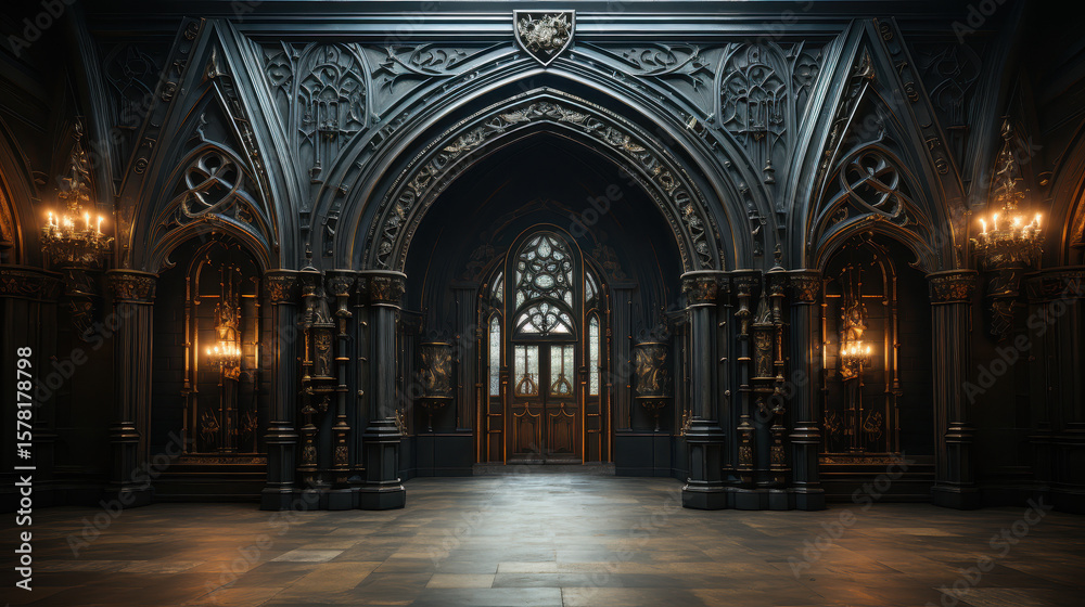 Dark Ornate Metal Gate, Gothic Entranceway Dark Ornate Metal Gate, Gothic Entranceway
