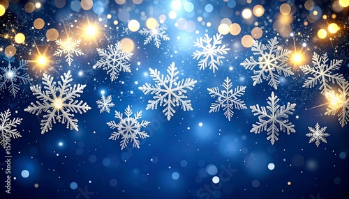 Festive winter snowflakes against a blue bokeh background