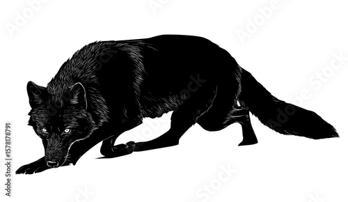 Stalking Wolf Silhouette on White Background an Isolated Black Figure of Wild Predator
