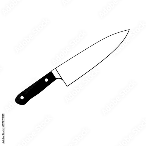 Black handled chef s knife with sharp blade isolated on white background