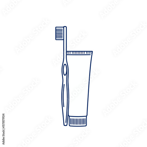 Simple line art of a toothbrush and toothpaste tube isolated on white background