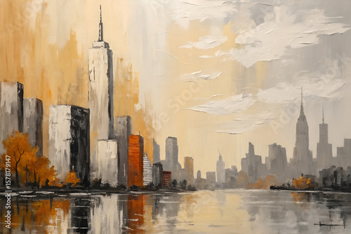 Modern Cityscape Painting with River Reflection – Urban Skyline Wall Art
