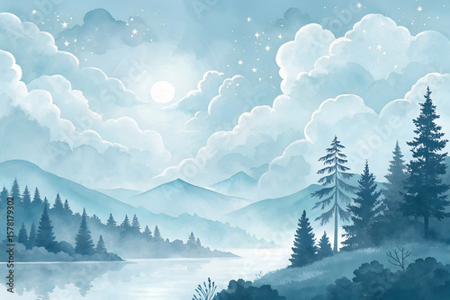 Peaceful Moonlit Forest Landscape Painting – Dreamy Mountain Lake Scene
