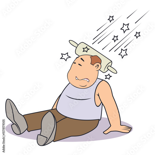 Man with dizziness and stars flying around head.