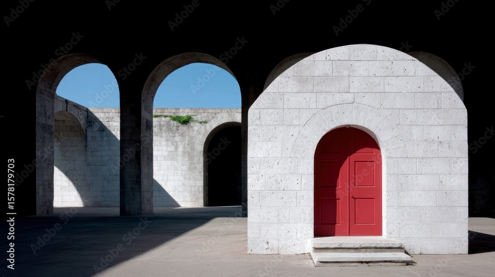 Naklejka premium White stone structure with arched doorways and a red door under shadows