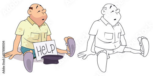 Homeless dirty man sitting on ground.