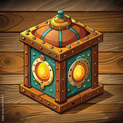 Vector illustration of an isolated old wooden box with a fan, like a vintage radio or treasure chest