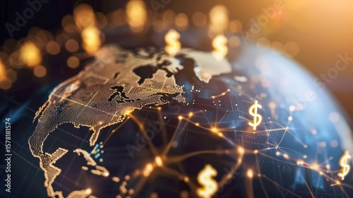 flat design globe with currency symbols floating above trade routes soft gold accents on dollar sign .
