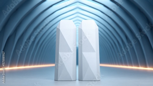 Fototapeta Naklejka Na Ścianę i Meble -  Two abstract geometric sculptures in a symmetrical futuristic tunnel with ambient lighting
