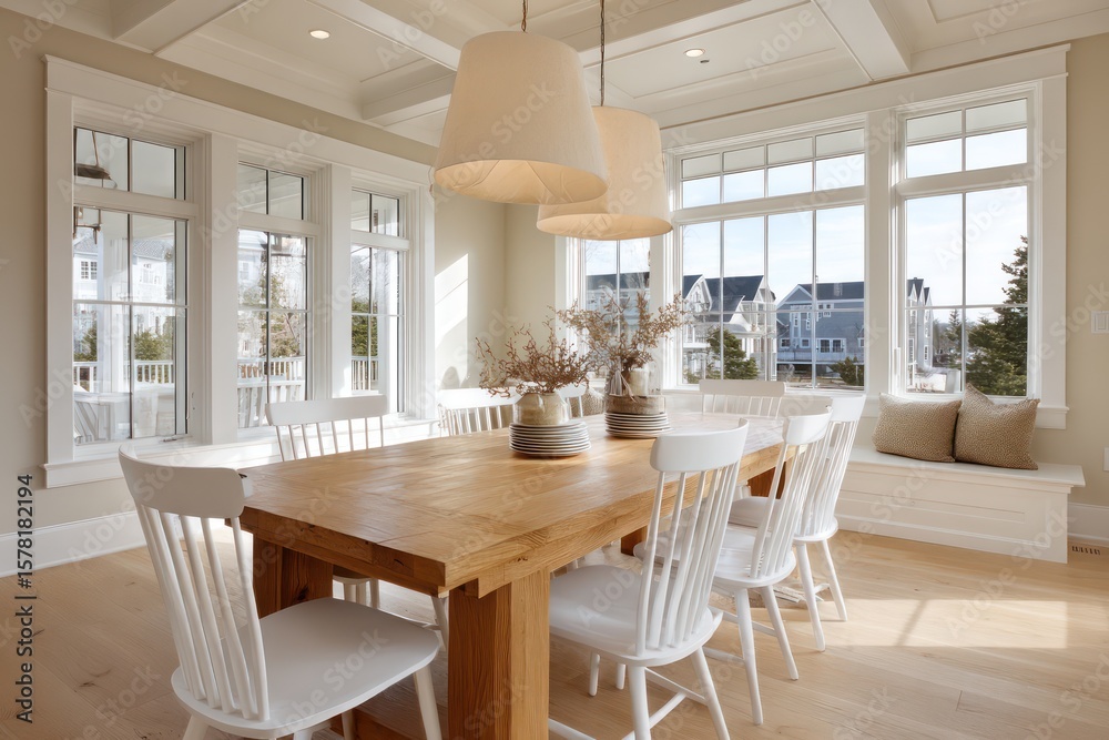 Fototapeta premium Modern farmhouse dining room with butcher block table and white spindle chairs linen and oak palette warm afternoon