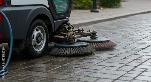 Street Sweeper Vehicle Cleaning Paving Stones on Urban Sidewalk