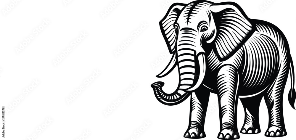 Fototapeta premium Woodcut Style Elephant Illustration Vector Design with Black and White Elements