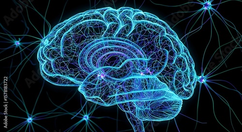Human Brain Neural Network Connections Concept, Futuristic Brain with Neuron Signals for Medical Research