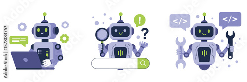 Robot AI Assistant Vector Illustration Depicting Use of Marketing Automation, Coding Support, and Smart Search Technology in a Business-Focused Artificial Intelligence Concept

