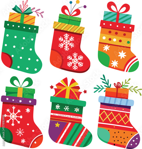 Festive Christmas Stockings Overflowing with Gifts and Holiday Cheer Vector Illustration