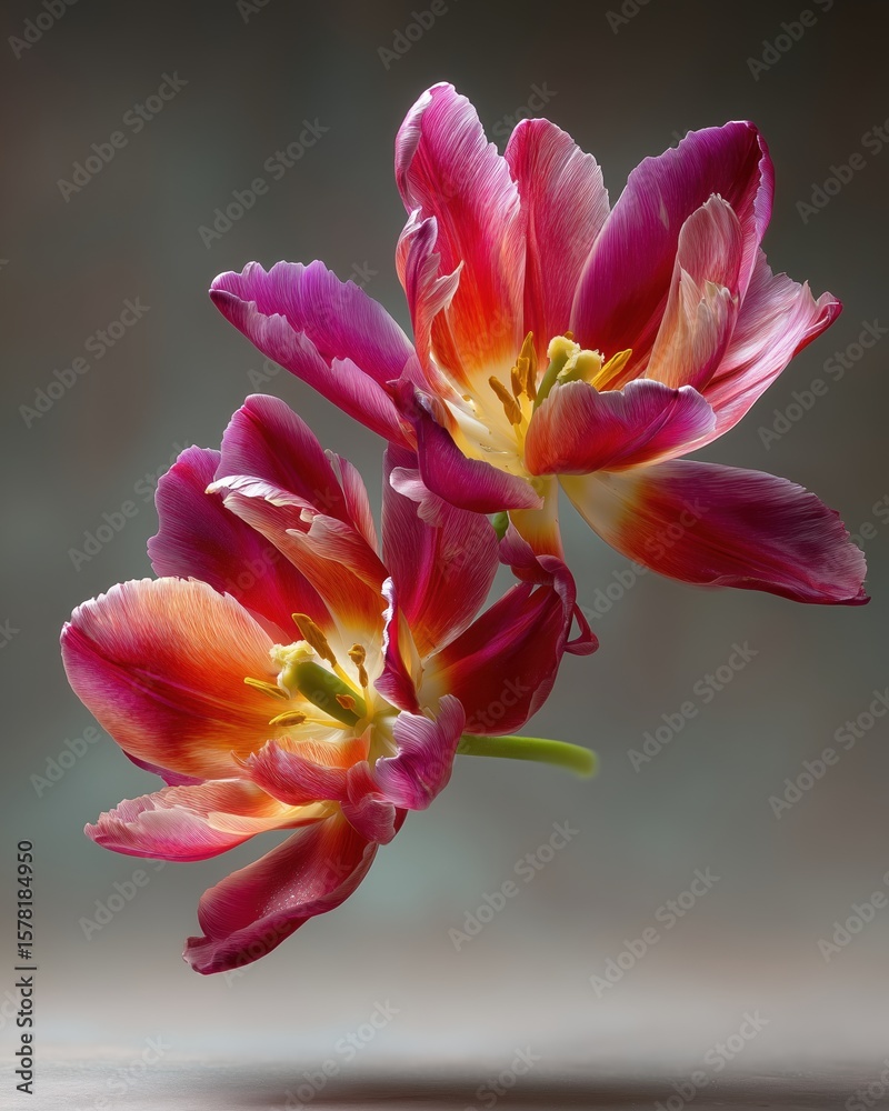 Fototapeta premium Red Double Tulip Suspended Mid-Air with Subtle Motion Blur Against Deep Gray Gradient Background, Gravity-Defying Floral Art for Modern Editorial and Design Use