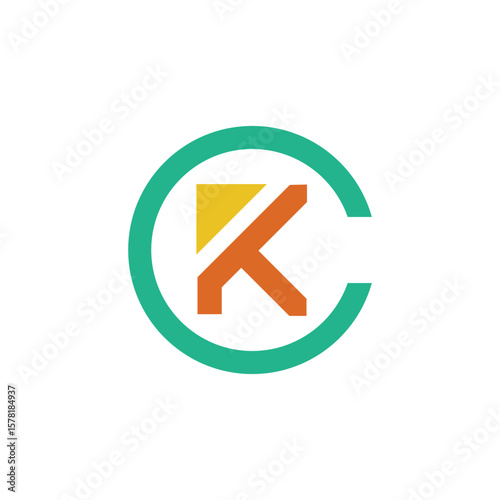 A bold "CK" or "KC" monogram within a partial teal circle, featuring orange and yellow geometric elements, representing strong connection
