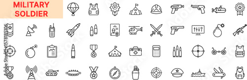 Military Soldier Icon Design Featuring Gun, Bullet, Tank, Helmet, Medal, Grenade, Radar, Parachute, Warship, Walkie-Talkie, Map, Jet, Compass, Vest, Helicopter, and Submarine Icons