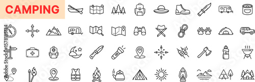 Camping Icon Design Featuring Tents, Campfire, Hiking Gear, Backpack, Lantern, Knife, Compass, Map, Forest, RV, Binoculars, Water Bottle, Grill, Mountains, and Outdoor Equipment Icons