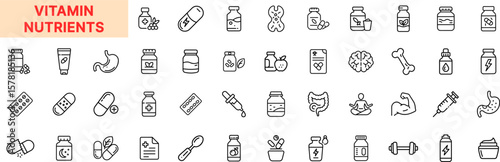 Vitamin Nutrients Icon Design Featuring Pills, Capsules, Supplement Bottles, Immunity Boost, Digestion, Bone Health, Energy, Minerals, Dosage, Gut Health, Amino Acids, and Nutritional Support Icons