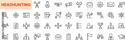 Headhunting Icon Design Featuring Recruitment, Interview, Resume, Candidate Search, Talent Acquisition, CV Review, Selection Process, Team Assessment, HR Strategy, Job Offer, and Career Evaluation Ico