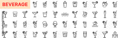Beverage Icon Design Featuring Cocktail, Martini, Wine, Juice, Champagne, Shaker, Mug, Margarita, Coconut Drink, Shot Glasses, Lemonade, and Tropical Drink Icons