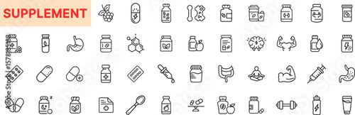 Supplement and Nutrition Icon Design Featuring Pills, Vitamins, Protein Powder, Muscle, Immune Support, Gut Health, Capsules, Minerals, Probiotics, and Wellness Icons