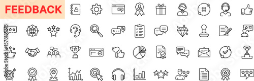 Feedback and Review Icon Design with Stars, Ratings, Chat Bubbles, Thumbs Up, Customer Response, Survey Form, Support Interaction, and Satisfaction Gauge Elements