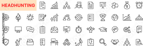Headhunting and Recruitment Icon Design with Candidate Selection, Resume Review, Job Search, HR Process, Interview, Performance Metrics, Skills, Ratings, and Talent Acquisition Elements