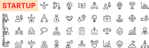 Startup Business and Innovation Icon Set – Featuring Funding, Teamwork, Vision, Launch, Ideas, Strategy, and Growth Success Icon Design
