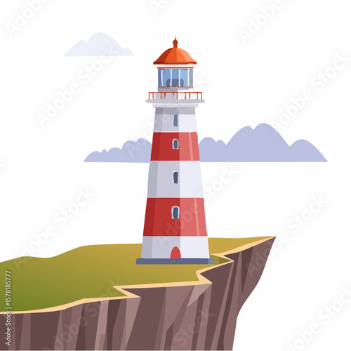 A red and white lighthouse stands tall on a dramatic clifftop, overlooking a serene seascape under a partly cloudy sky.