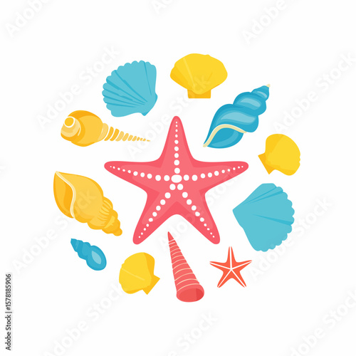 Colorful seashells and starfish arranged in a circular design on a white background.