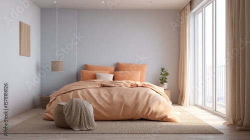 Peach and muted sky blue bedroom with minimalist wall decor morning light filtering gauzy curtains cotton texture sharply