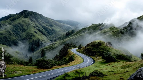 Winding road through misty mountains