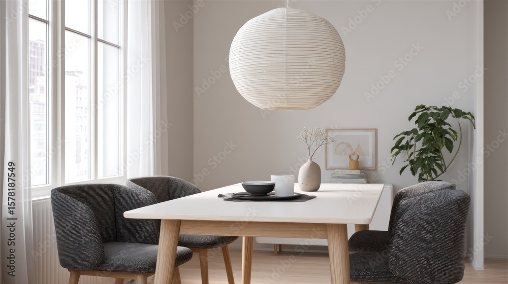 Obraz premium Scandinavian minimalist dining with white ash table and charcoal fabric chairs ash and graphite palette bright morning light