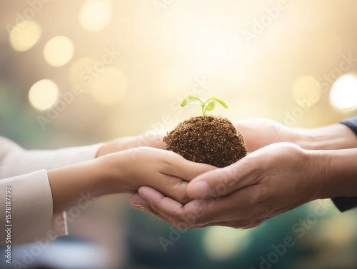 Hands handing over land with green shoots, symbolizing investment, growth and sustainability.