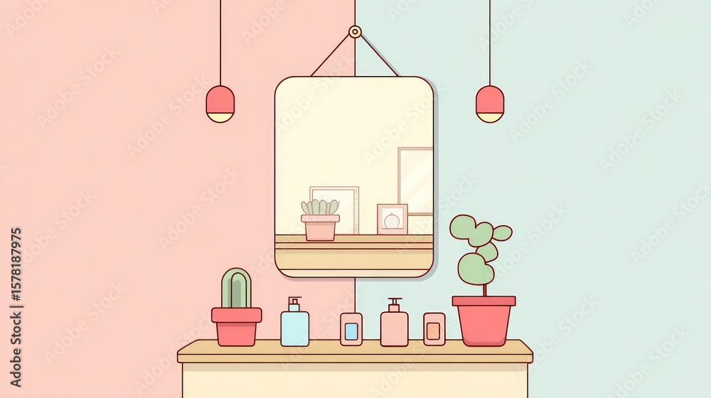 Fototapeta premium Pastel-toned bathroom vanity with plants and mirror reflection
