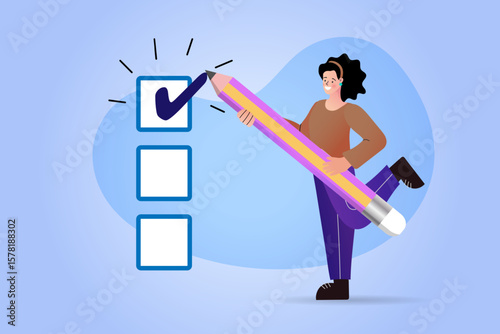 a confident woman holds a large purple pencil, marking a completed task on checklist. business organization, to do list, planning and getting things done.