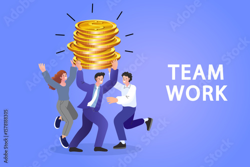 A successful business team celebrating with a giant stack of gold coins.  TEAMWORK  concept of financial success and collaboration.