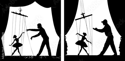 Puppet Master and Marionette Silhouette Vector Set - Control and Performance Art