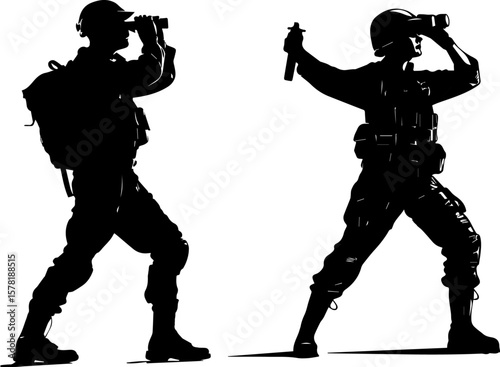 Soldier with Binoculars Silhouette Vector Set - Military Reconnaissance and Observation Icons