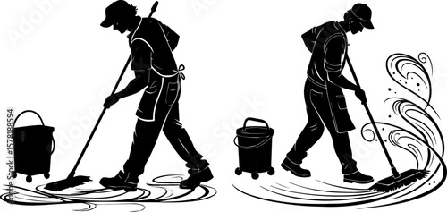 Janitor Cleaning Service Silhouette Vector Set - Mopping & Floor Care Icons