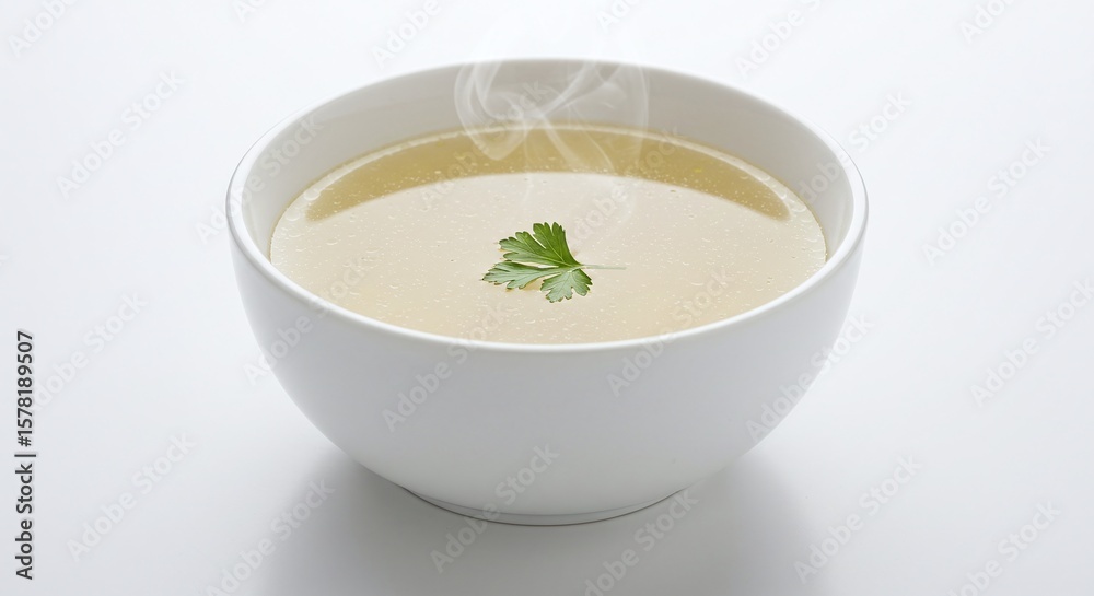 Steaming Hot Soup in White Bowl Garnished with Cilantro on White Background Steaming Hot Soup in White Bowl Garnished with Cilantro on White Background