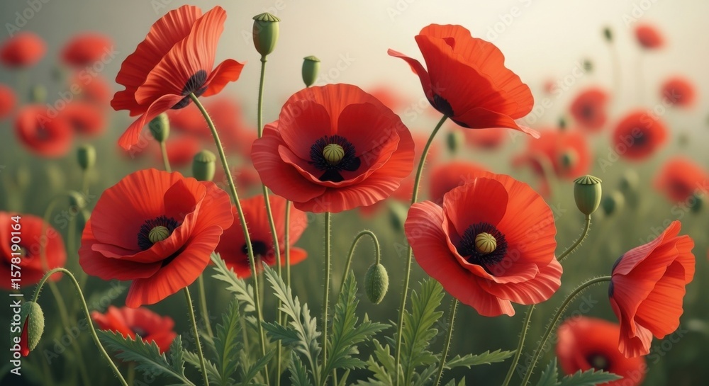 Obraz premium Vibrant Red Poppies Field in Soft Sunlight