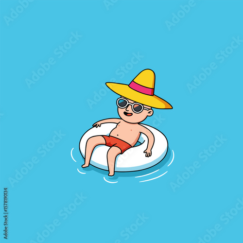 Cartoon character floating on white pool ring wearing yellow hat and red swim trunks against blue water background.