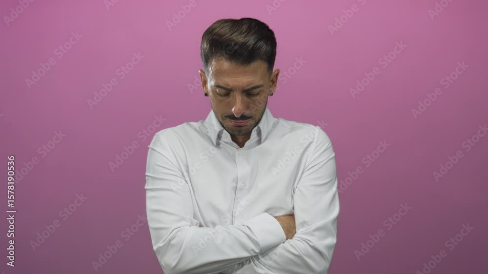 Young hispanic man wearing crisp white shirt crossing arms against a pink studio backdrop; rejection doubt.