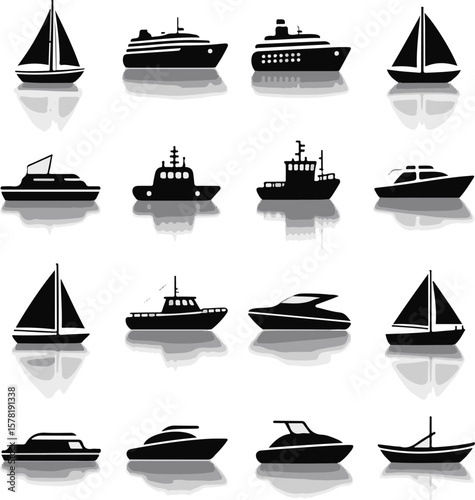 Vector art of selection of boat and ship silhouettes on white background