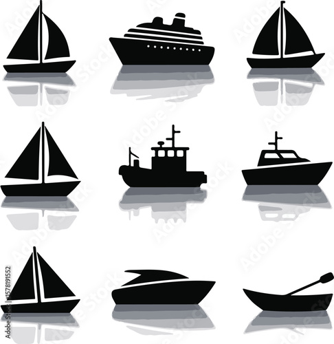 Vector art of group of boat and ship silhouettes on white background