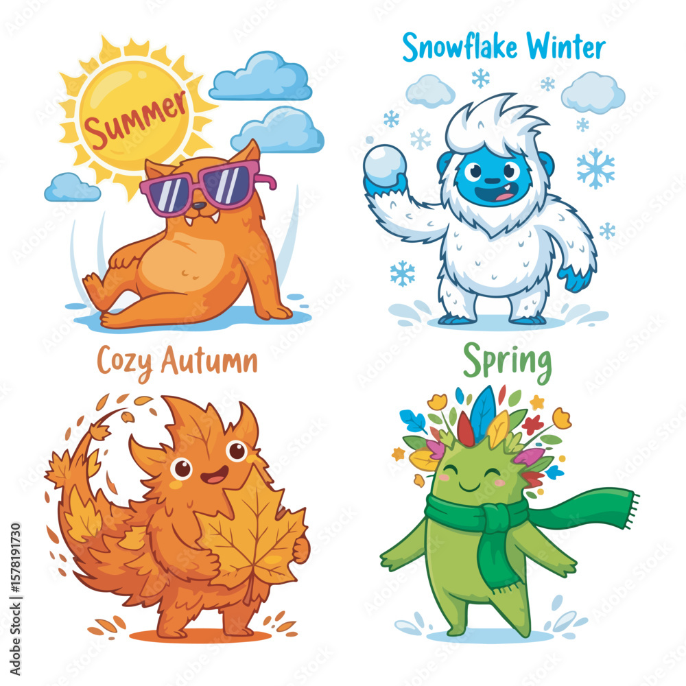 Naklejka premium Whimsical Seasonal Creatures Cartoon Characters Celebrating the Four Seasons